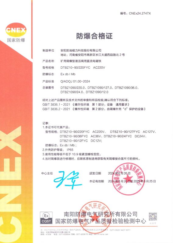 CNEx24.2747X DTBZ10-90FYC I类 有效期至2029年6月25日